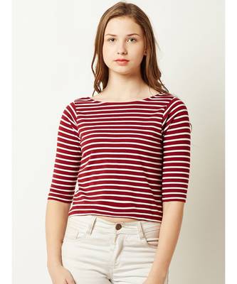 Women's Maroon and White Cotton Boat Neck half_sleeve Striped Crop Top 1