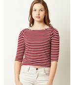 Women's Maroon and White Cotton Boat Neck half_sleeve Striped Crop Top