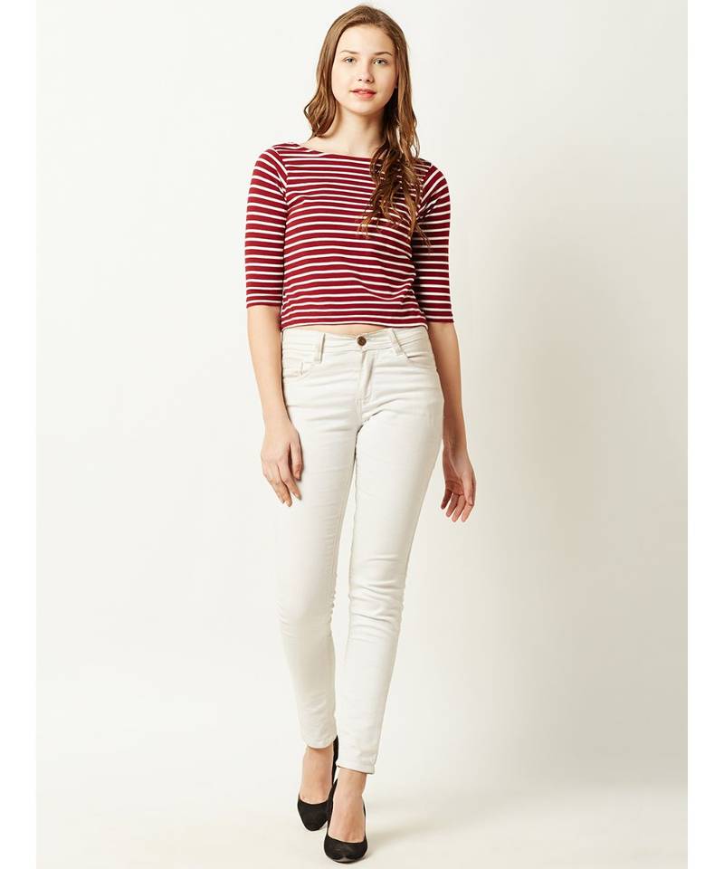 Women's Maroon and White Cotton Boat Neck half_sleeve Striped Crop Top