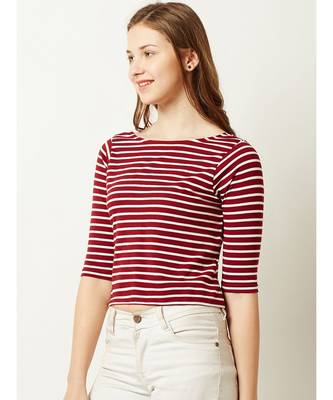 Women's Maroon and White Cotton Boat Neck half_sleeve Striped Crop Top 3