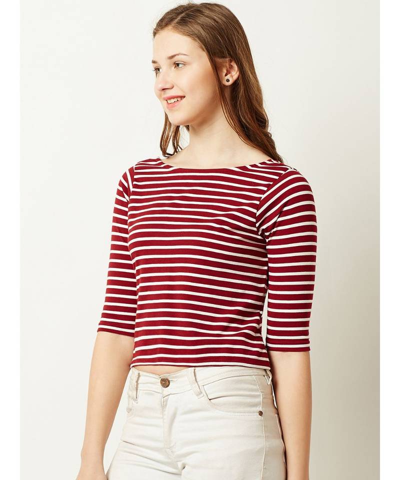 Women's Maroon and White Cotton Boat Neck half_sleeve Striped Crop Top