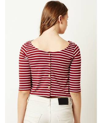 Women's Maroon and White Cotton Boat Neck half_sleeve Striped Crop Top 4