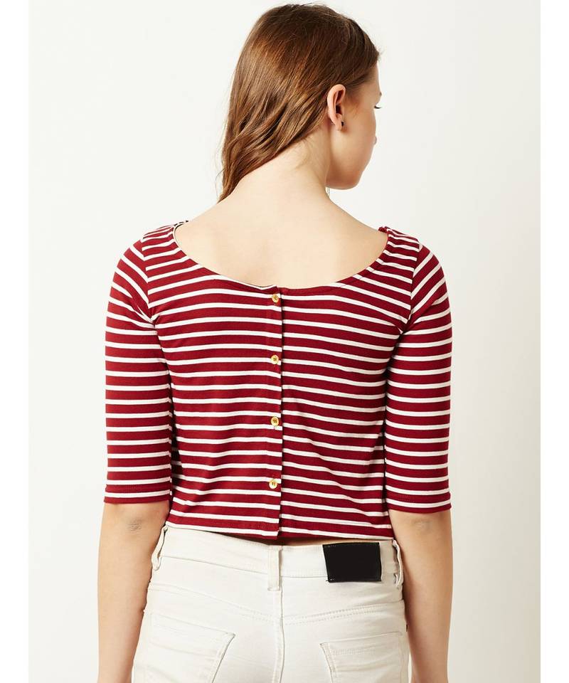 Women's Maroon and White Cotton Boat Neck half_sleeve Striped Crop Top