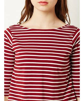 Women's Maroon and White Cotton Boat Neck half_sleeve Striped Crop Top 5
