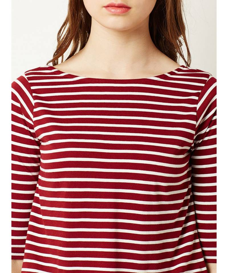 Women's Maroon and White Cotton Boat Neck half_sleeve Striped Crop Top