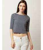 Women's blue and White Boat Neck half_sleeve Striped Back Buttoned Crop Top
