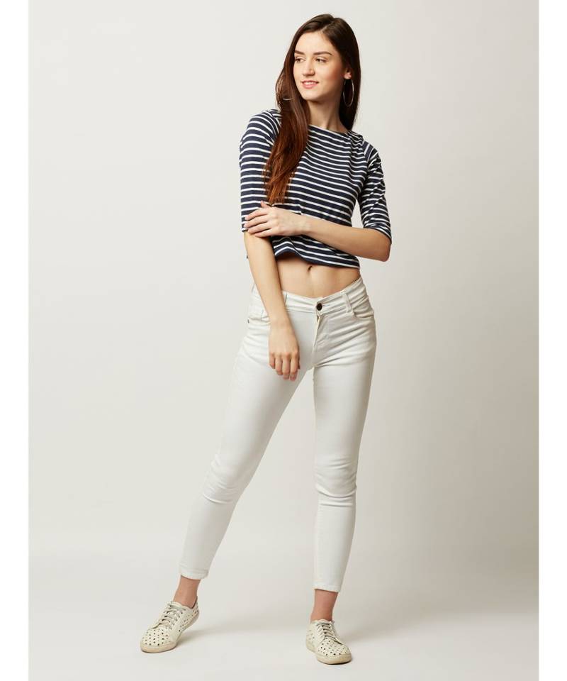 Women's blue and White Boat Neck half_sleeve Striped Back Buttoned Crop Top
