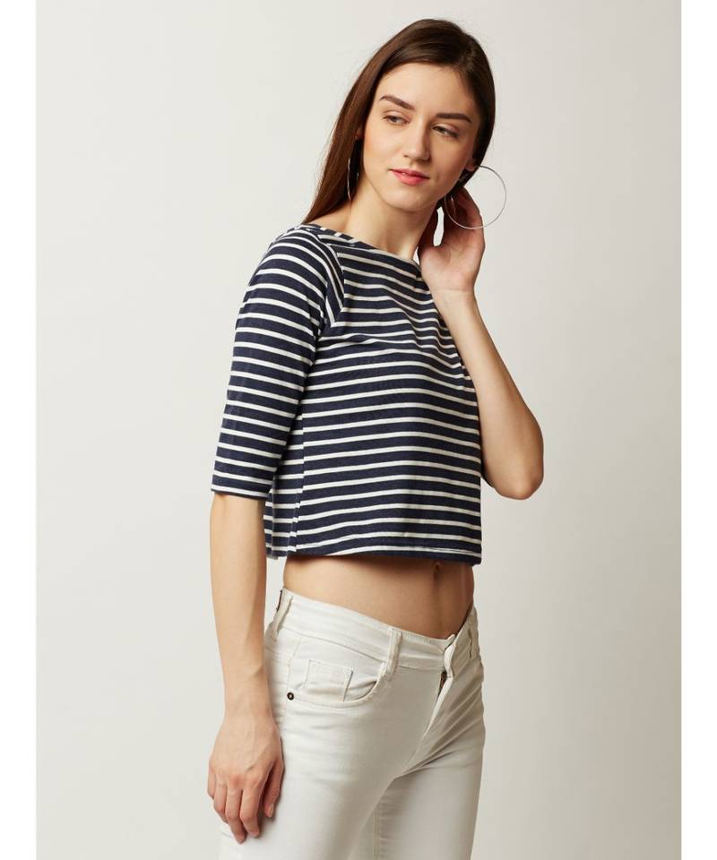 Women's blue and White Boat Neck half_sleeve Striped Back Buttoned Crop Top