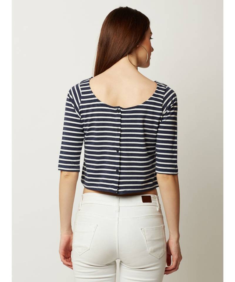 Women's blue and White Boat Neck half_sleeve Striped Back Buttoned Crop Top