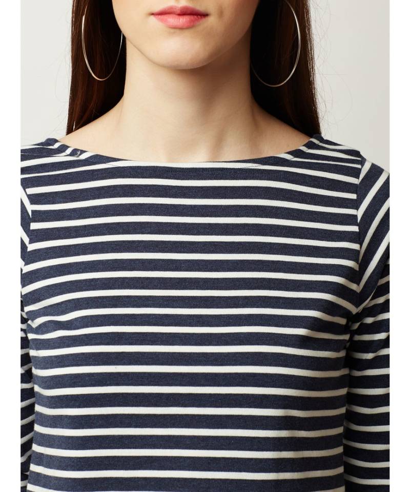 Women's blue and White Boat Neck half_sleeve Striped Back Buttoned Crop Top