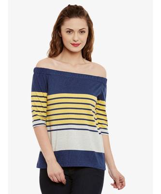 Women's Multicolor Striped Bardot quarter_sleeve Off Shoulder Top 1