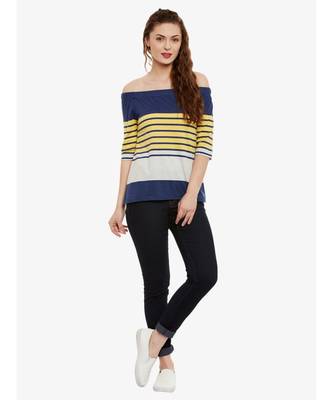 Women's Multicolor Striped Bardot quarter_sleeve Off Shoulder Top 2