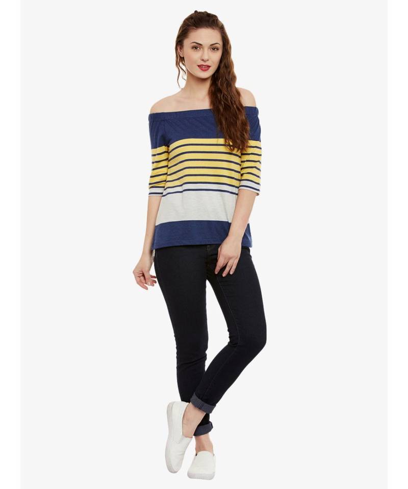 Women's Multicolor Striped Bardot quarter_sleeve Off Shoulder Top