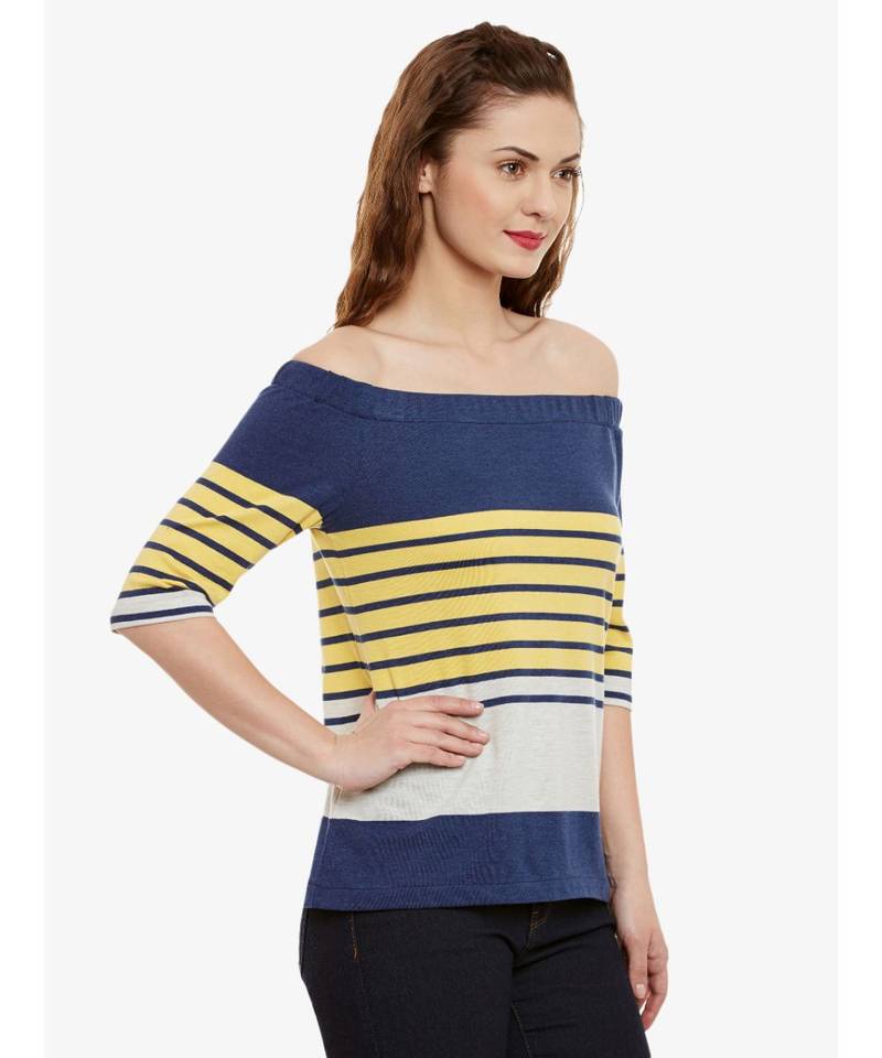 Women's Multicolor Striped Bardot quarter_sleeve Off Shoulder Top