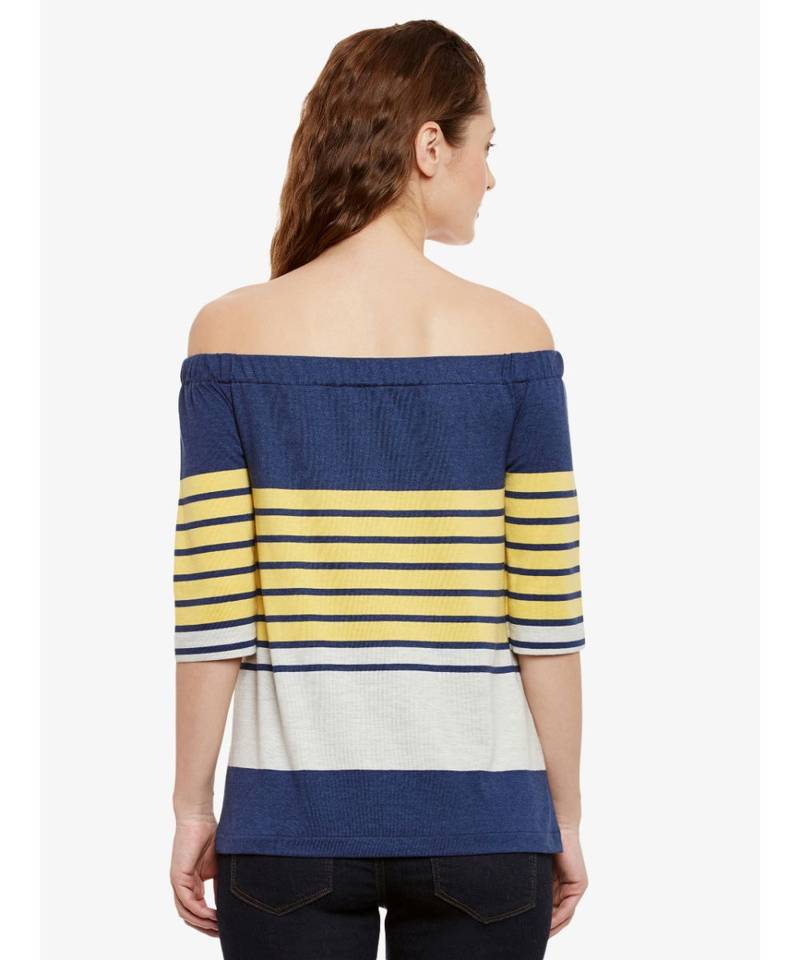 Women's Multicolor Striped Bardot quarter_sleeve Off Shoulder Top