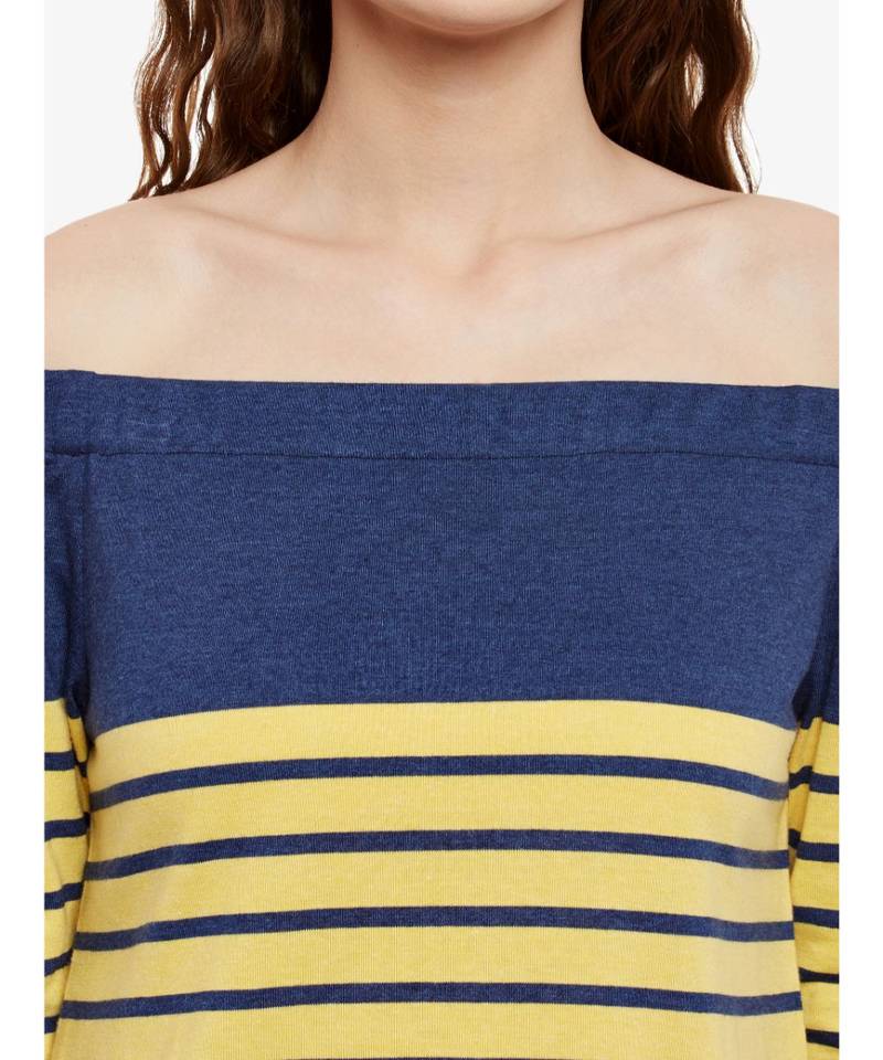 Women's Multicolor Striped Bardot quarter_sleeve Off Shoulder Top
