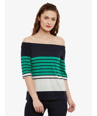 Women's Multicolor Striped Bardot quarter_sleeve Off Shoulder Top 1