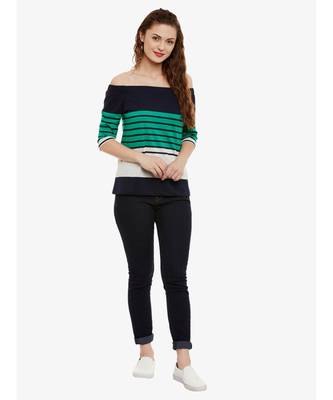 Women's Multicolor Striped Bardot quarter_sleeve Off Shoulder Top 2