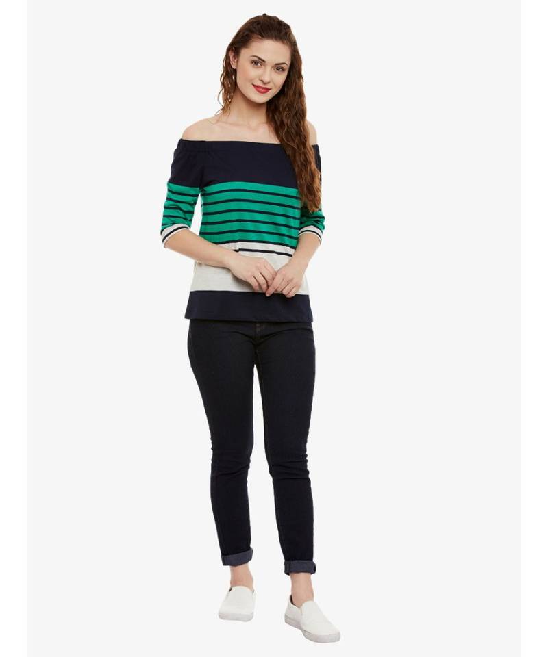 Women's Multicolor Striped Bardot quarter_sleeve Off Shoulder Top