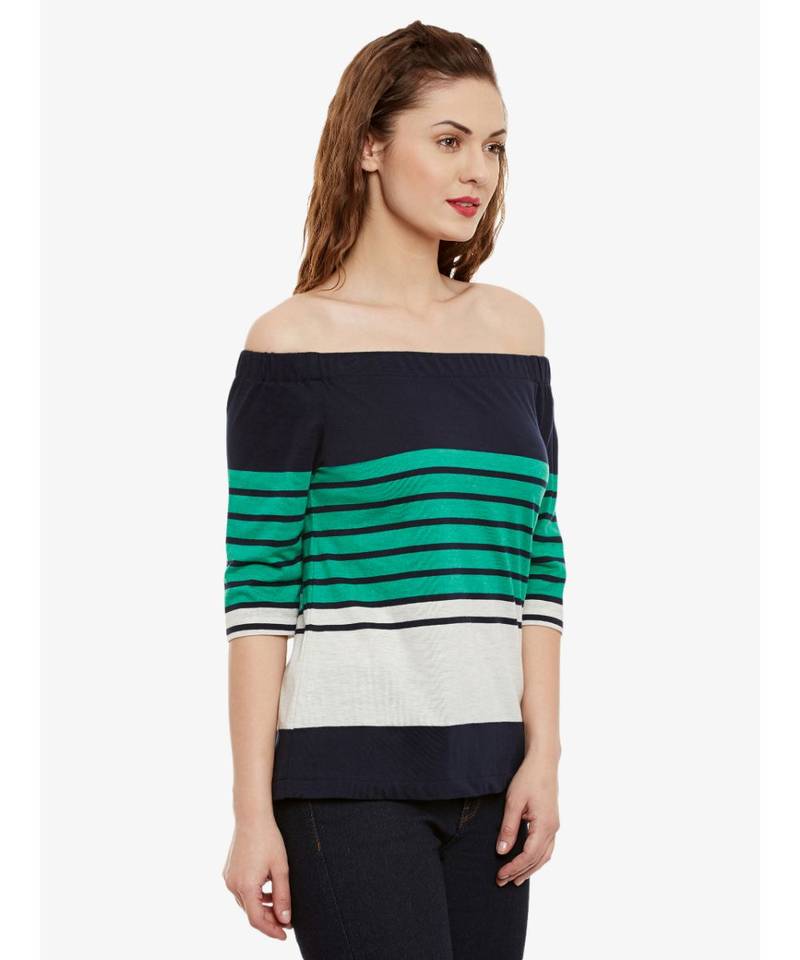 Women's Multicolor Striped Bardot quarter_sleeve Off Shoulder Top