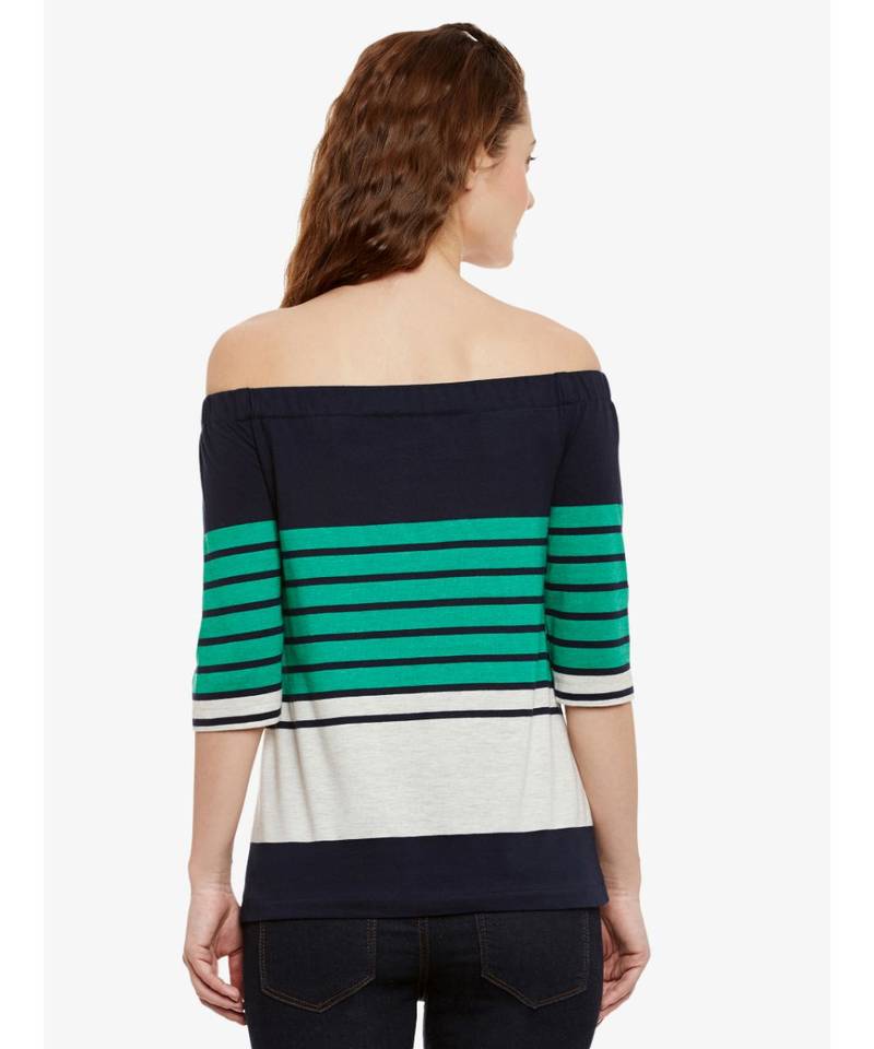 Women's Multicolor Striped Bardot quarter_sleeve Off Shoulder Top