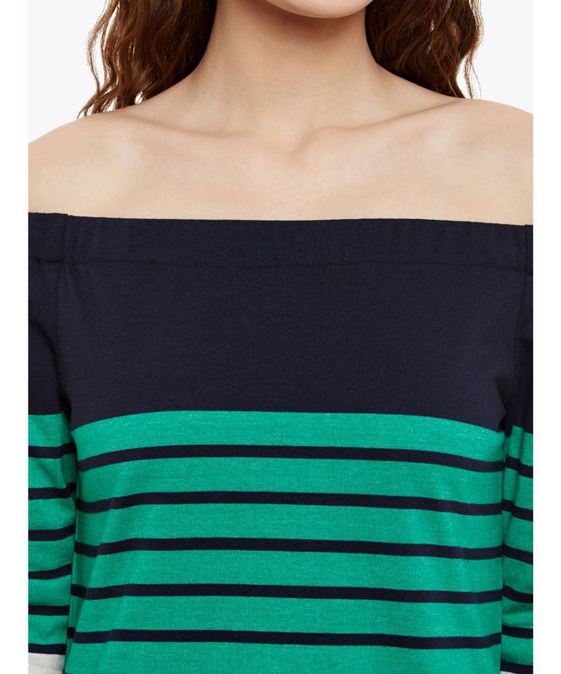 Women's Multicolor Striped Bardot quarter_sleeve Off Shoulder Top