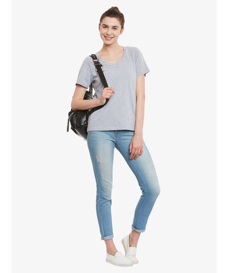 Women's Grey Solid Round Neck half_sleeves Top