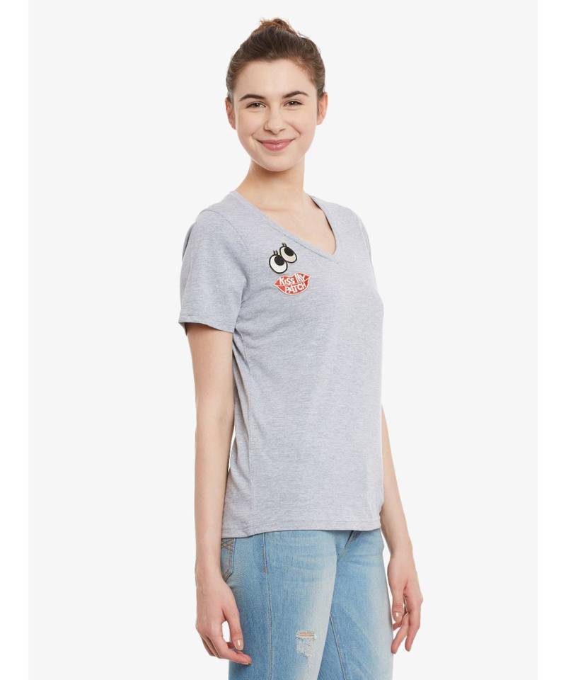 Women's Grey Solid Round Neck half_sleeves Top