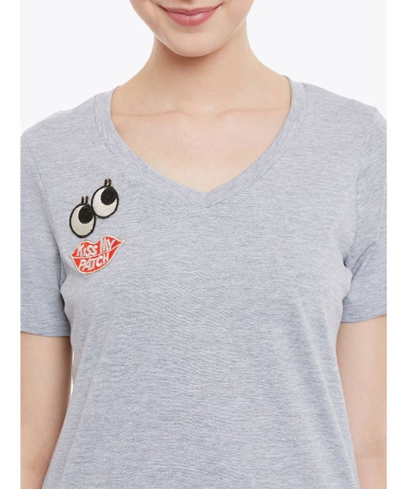 Women's Grey Solid Round Neck half_sleeves Top