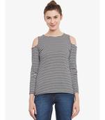 Women's Black & White Solid Round Neck full_sleeves Cold Shoulder Top