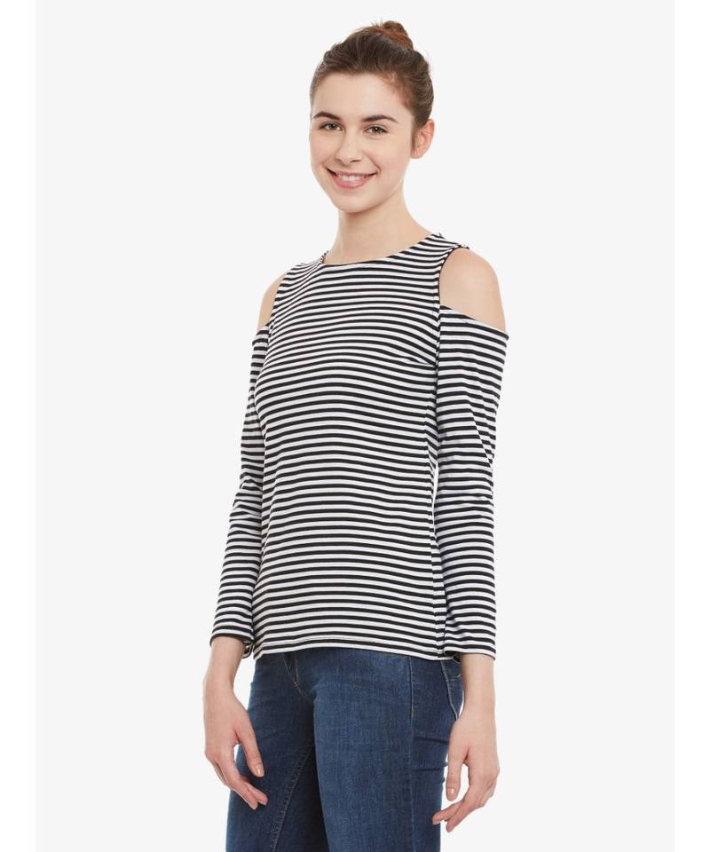 Women's Black & White Solid Round Neck full_sleeves Cold Shoulder Top