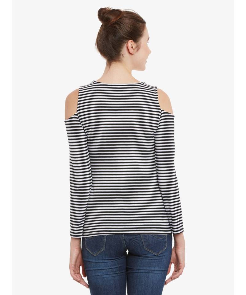 Women's Black & White Solid Round Neck full_sleeves Cold Shoulder Top