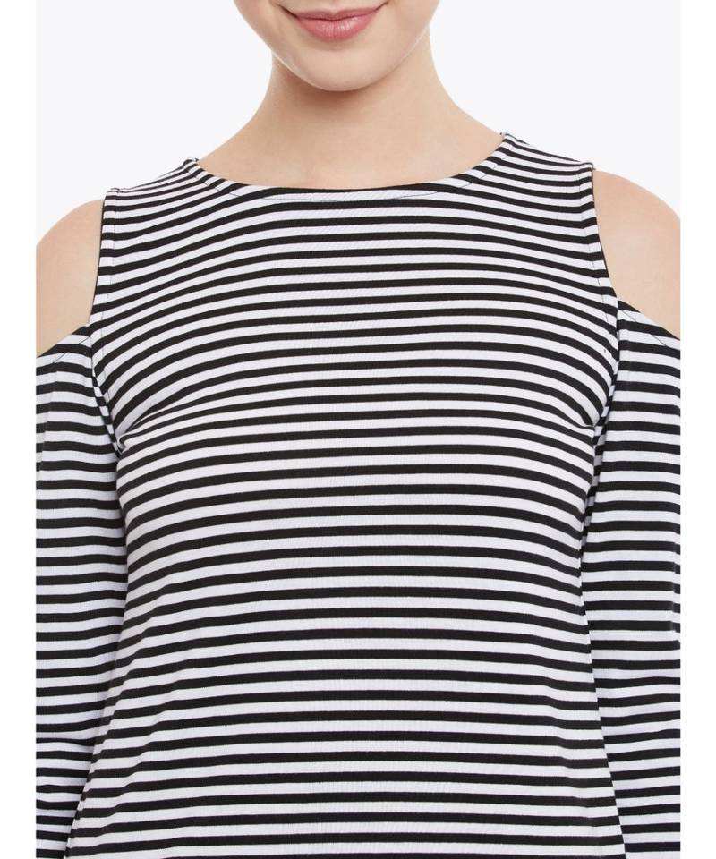 Women's Black & White Solid Round Neck full_sleeves Cold Shoulder Top