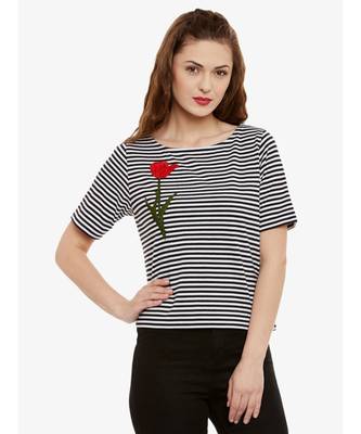 Women's Black & White Round Neck half_sleeves Striped embroidered Patch work Top 1