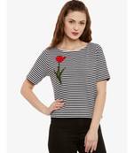 Women's Black & White Round Neck half_sleeves Striped embroidered Patch work Top