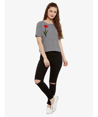 Women's Black & White Round Neck half_sleeves Striped embroidered Patch work Top 2