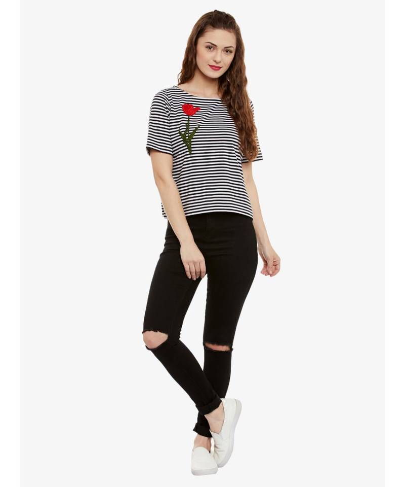 Women's Black & White Round Neck half_sleeves Striped embroidered Patch work Top