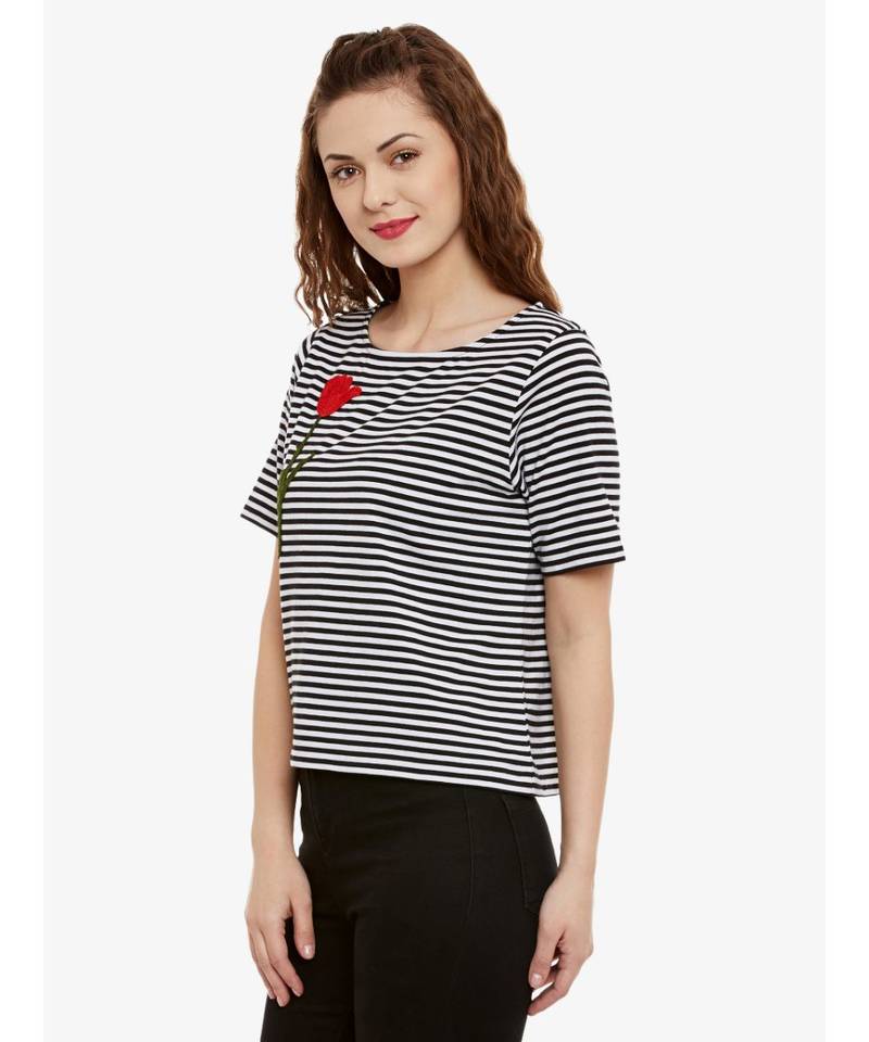 Women's Black & White Round Neck half_sleeves Striped embroidered Patch work Top