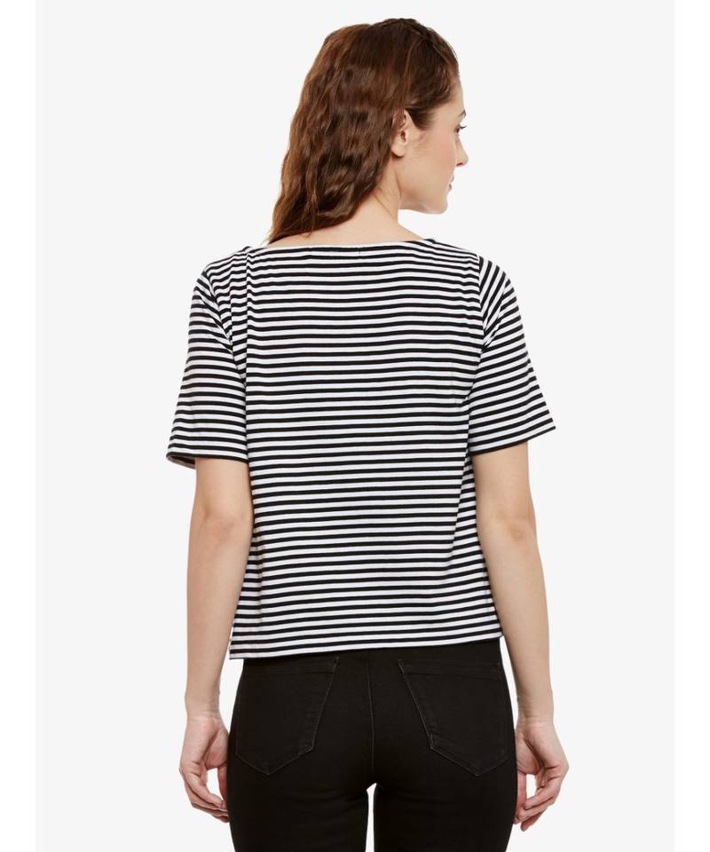 Women's Black & White Round Neck half_sleeves Striped embroidered Patch work Top