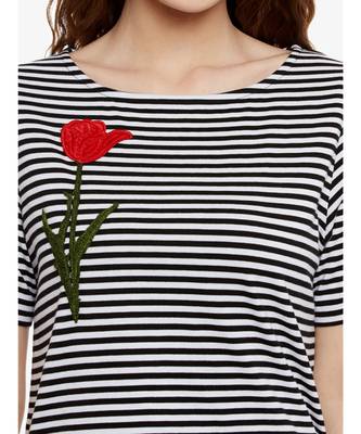Women's Black & White Round Neck half_sleeves Striped embroidered Patch work Top 5