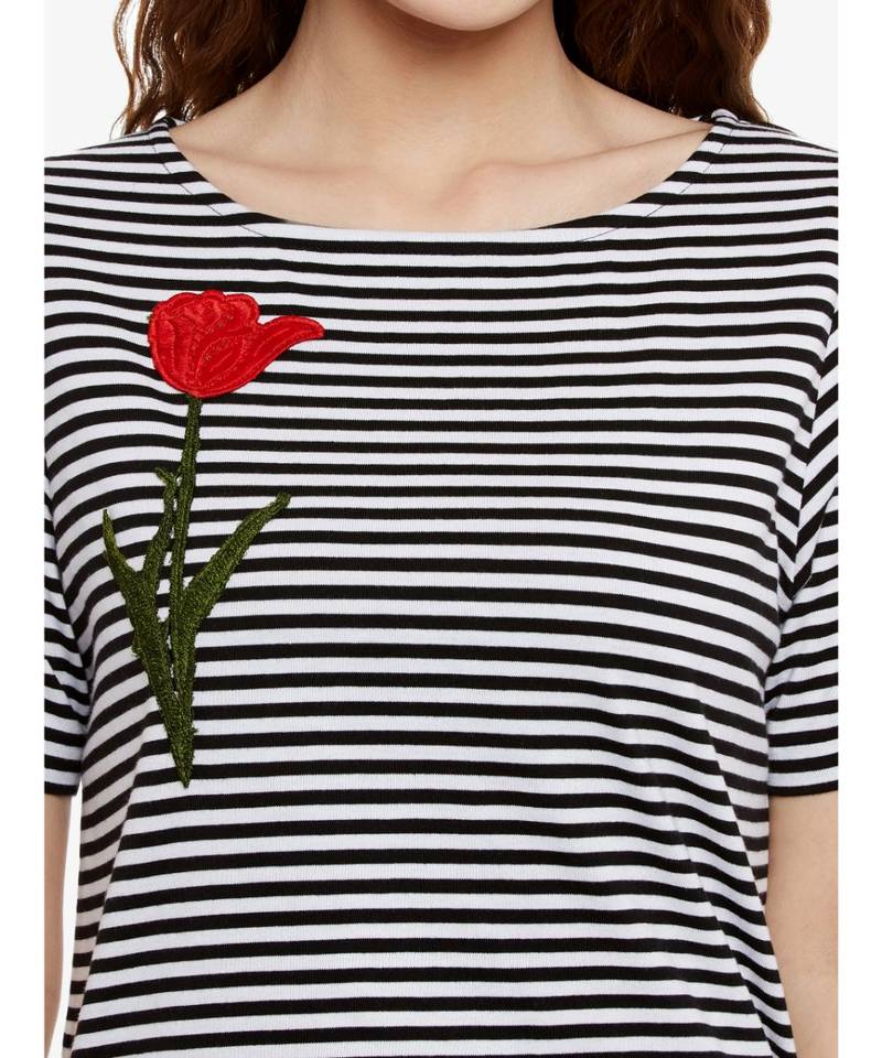 Women's Black & White Round Neck half_sleeves Striped embroidered Patch work Top