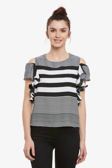 Women's Black & White Round Neck half_sleeves Striped Ruffled Cold Shoulder Top
