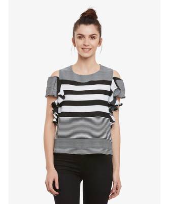 Women's Black & White Round Neck half_sleeves Striped Ruffled Cold Shoulder Top 1