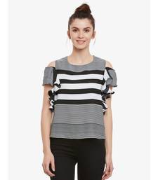Women's Black & White Round Neck half_sleeves Striped Ruffled Cold Shoulder Top
