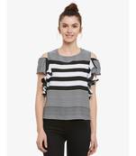 Women's Black & White Round Neck half_sleeves Striped Ruffled Cold Shoulder Top