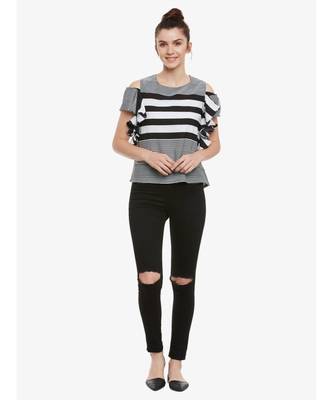 Women's Black & White Round Neck half_sleeves Striped Ruffled Cold Shoulder Top 2