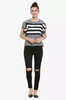 Women's Black & White Round Neck half_sleeves Striped Ruffled Cold Shoulder Top