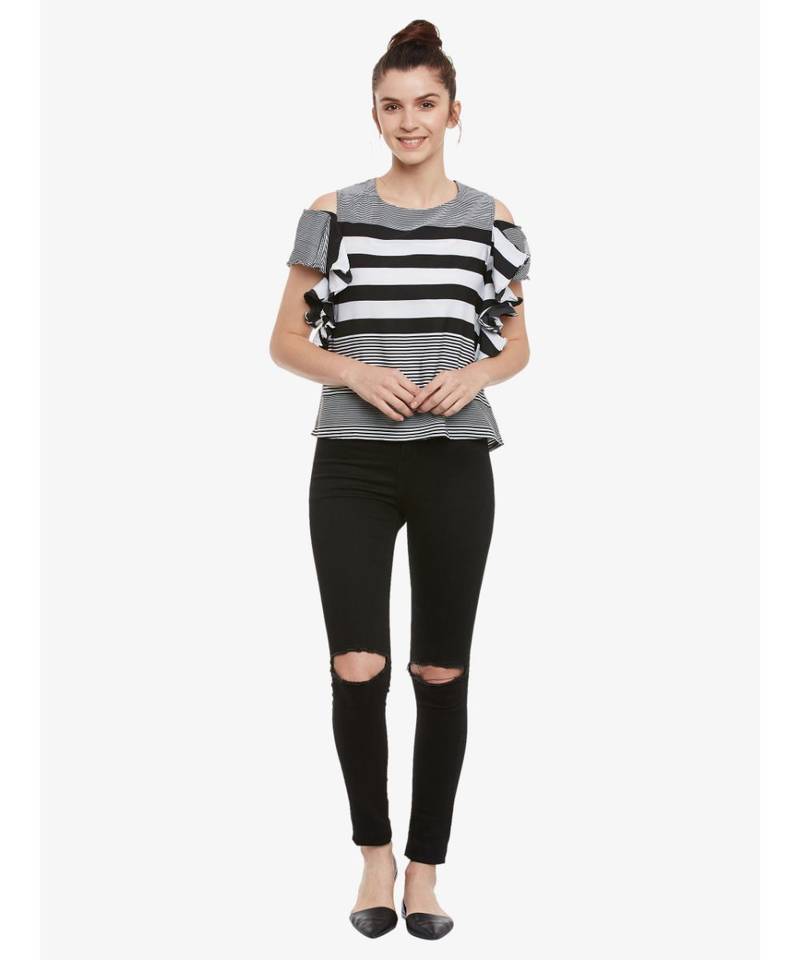 Women's Black & White Round Neck half_sleeves Striped Ruffled Cold Shoulder Top