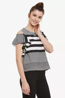 Women's Black & White Round Neck half_sleeves Striped Ruffled Cold Shoulder Top