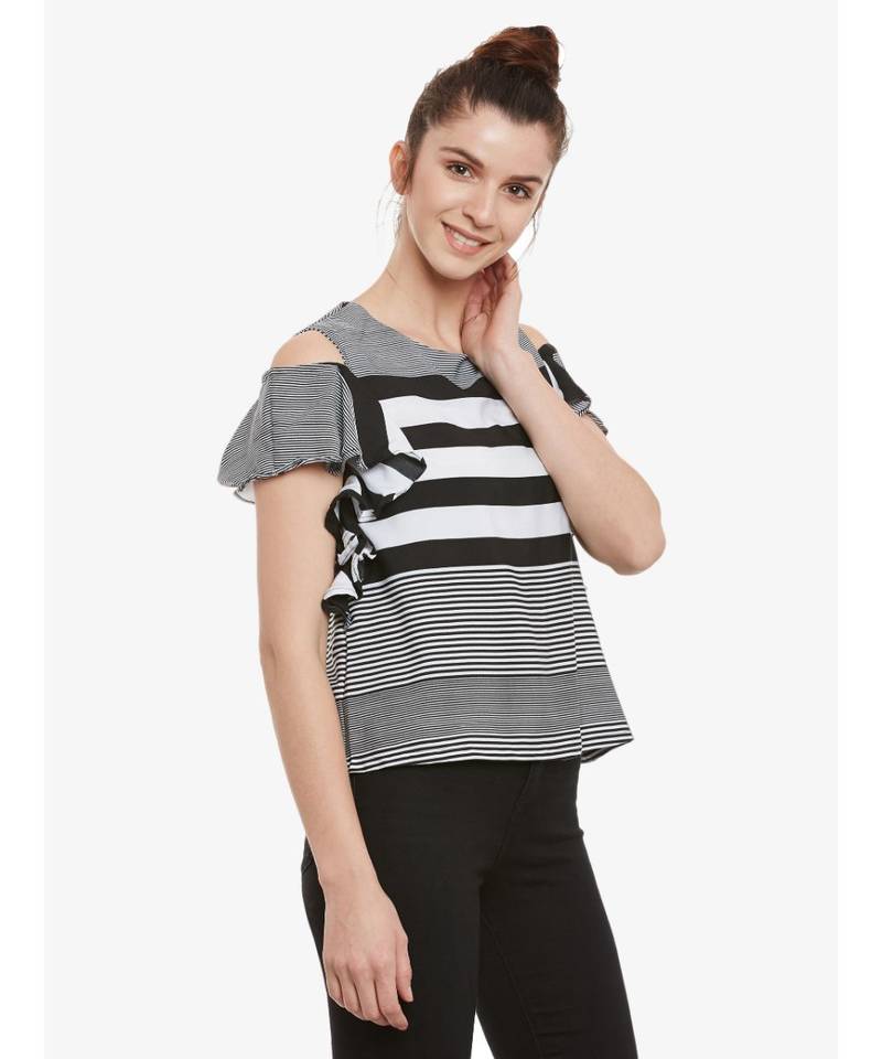 Women's Black & White Round Neck half_sleeves Striped Ruffled Cold Shoulder Top